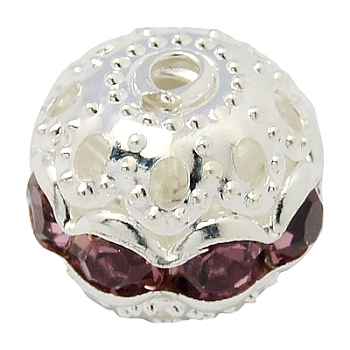 Brass Rhinestone Beads, Grade A, Silver Color Plated, Round, Light Amethyst, 10mm, Hole: 1.2mm