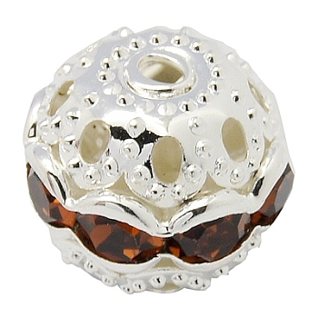 Brass Rhinestone Beads, Grade A, Silver Color Plated, Round, Topaz, 10mm, Hole: 1.2mm