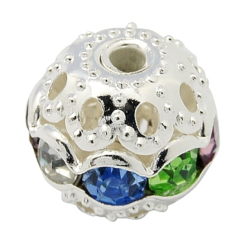 Brass Rhinestone Beads, Grade A, Silver Color Plated, Round, Colorful, 12mm in diameter, Hole: 1.5mm