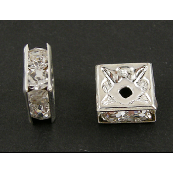 Brass Rhinestone Spacer Beads, Grade A, Nickel Free, Silver Color Plated, Square, Crystal, 10x10mm, Hole: 2mm
