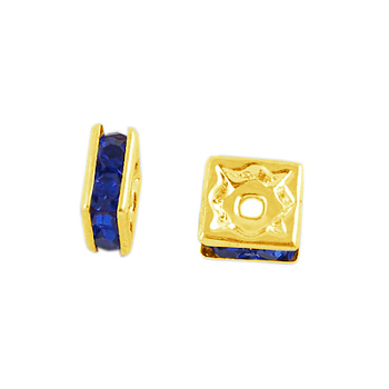 Brass Rhinestone Spacer Beads, Grade A, Golden Metal Color, Square, Sapphire, 6x6x3mm, Hole: 1mm