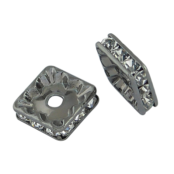 Brass Rhinestone Spacer Beads, Grade A, Gunmetal, Square, Crystal, 7x7x3mm, Hole: 1mm