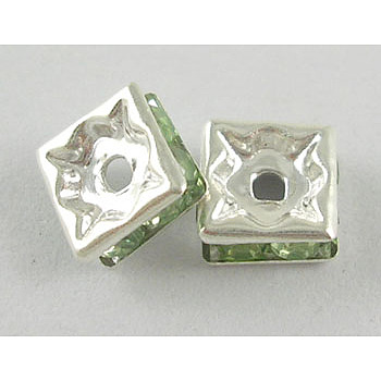 Brass Rhinestone Spacer Beads, Grade A, Nickel Free, Silver Color Plated, Square, Peridot, 8x8x4mm, Hole: 1mm