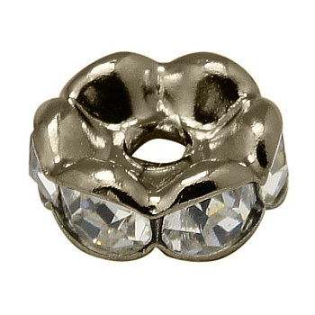 Brass Rhinestone Spacer Beads, Grade A, Wavy Edge, Gunmetal, Rondelle, Crystal, 10x4mm, Hole: 2mm
