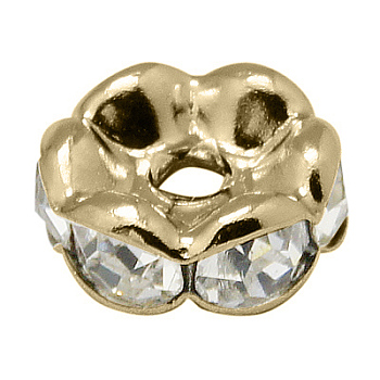 Brass Rhinestone Spacer Beads, Grade AAA, Wavy Edge, Nickel Free, Light Gold Metal Color, Rondelle, Crystal, 10x4mm, Hole: 2mm