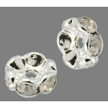 Brass Rhinestone Spacer Beads, Grade A, Wavy Edge, Silver Color Plated, Rondelle, Crystal, 12x4mm, Hole: 2.5mm