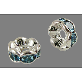 Brass Rhinestone Spacer Beads, Grade AAA, Wavy Edge, Nickel Free, Silver Color Plated, Rondelle, Aquamarine, 5x2.5mm, Hole: 1mm