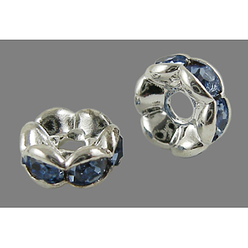 Brass Rhinestone Spacer Beads, Grade AAA, Wavy Edge, Nickel Free, Silver Metal Color, Rondelle, Light Sapphire, 6x3mm, Hole: 1mm