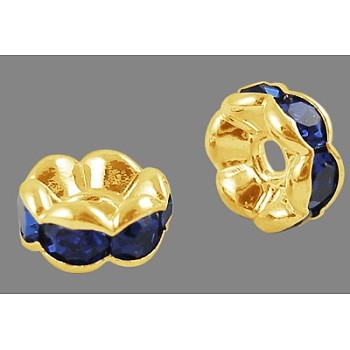 Brass Rhinestone Spacer Beads, Grade A, Wavy Edge, Golden Metal Color, Rondelle, Sapphire, 6x3mm, Hole: 1mm