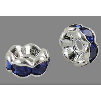 Brass Rhinestone Spacer Beads, Grade AAA, Wavy Edge, Nickel Free, Silver Color Plated, Rondelle, Sapphire, 6x3mm, Hole: 1mm