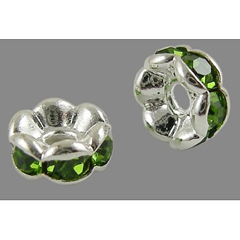 Brass Rhinestone Spacer Beads, Grade AAA, Wavy Edge, Nickel Free, Silver Color Plated, Rondelle, Peridot, 6x3mm, Hole: 1mm