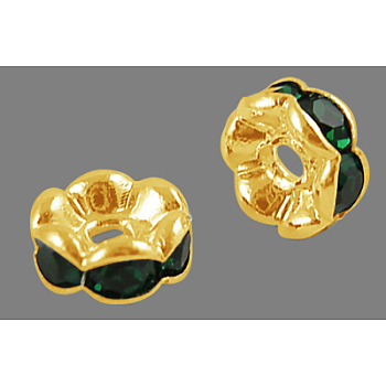 Brass Rhinestone Spacer Beads, Grade A, Wavy Edge, Golden Metal Color, Rondelle, Emerald, 6x3mm, Hole: 1mm