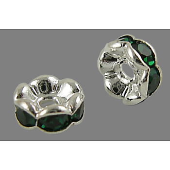 Brass Rhinestone Spacer Beads, Grade AAA, Wavy Edge, Nickel Free, Silver Color Plated, Rondelle, Emerald, 6x3mm, Hole: 1mm