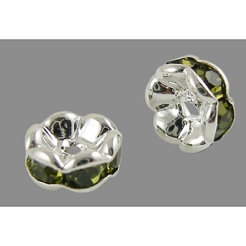 Brass Rhinestone Spacer Beads, Grade AAA, Wavy Edge, Nickel Free, Silver Metal Color, Rondelle, Olivine, 6x3mm, Hole: 1mm