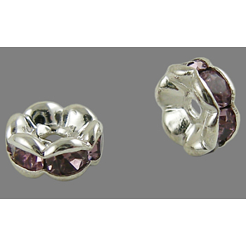 Brass Rhinestone Spacer Beads, Grade AAA, Wavy Edge, Nickel Free, Silver Metal Color, Rondelle, Light Amethyst, 6x3mm, Hole: 1mm