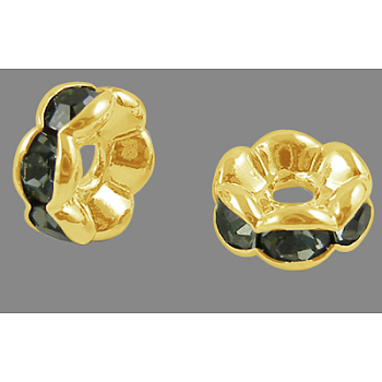 Brass Rhinestone Spacer Beads, Grade A, Wavy Edge, Golden Metal Color, Rondelle, Black Diamond, 6x3mm, Hole: 1mm