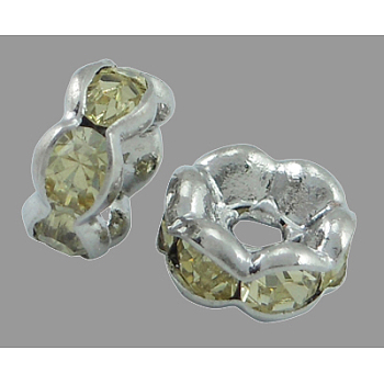 Brass Rhinestone Spacer Beads, Grade AAA, Wavy Edge, Nickel Free, Silver Metal Color, Rondelle, Jonquil, 6x3mm, Hole: 1mm