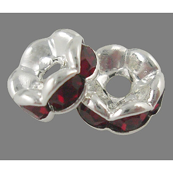 Brass Rhinestone Spacer Beads, Grade A, Wavy Edge, Silver Color Plated, Rondelle, Siam, 6x3mm, Hole: 1mm