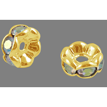 Brass Rhinestone Spacer Beads, Grade A, Wavy Edge, Golden Metal Color, Rondelle, Crystal AB, 6x3mm, Hole: 1mm