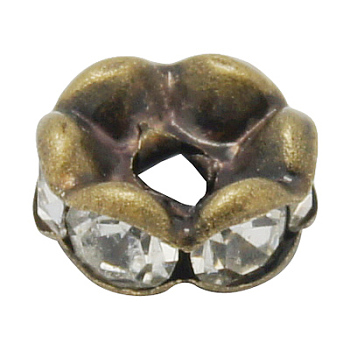 Brass Rhinestone Spacer Beads, Grade AAA, Wavy Edge, Nickel Free, Antique Bronze Metal Color, Rondelle, Crystal, 7x3.2mm, Hole: 1.2mm