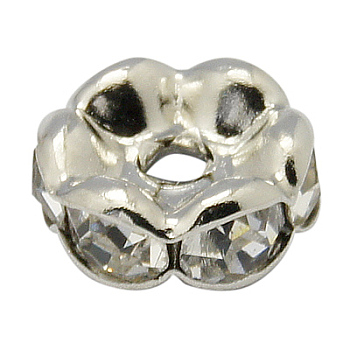 Brass Rhinestone Spacer Beads, Grade A, Wavy Edge, Platinum Metal Color, Rondelle, Crystal, 7x3.2mm, Hole: 1mm