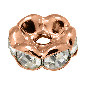Brass Rhinestone Spacer Beads, Grade AAA, Wavy Edge, Nickel Free, Rose Gold Metal Color, Rondelle, Crystal, 7x3.2mm, Hole: 1.2mm