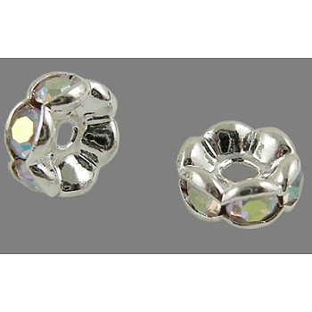 Brass Rhinestone Spacer Beads, Grade A, Wavy Edge, Silver Color Plated, Rondelle, Crystal AB, 7x3.2mm, Hole: 1mm