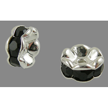 Brass Rhinestone Spacer Beads, Grade A, Wavy Edge, Silver Color Plated, Rondelle, Jet, 8x3.8mm, Hole: 1mm