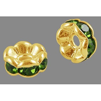 Brass Rhinestone Spacer Beads, Grade A, Wavy Edge, Golden Metal Color, Rondelle, Peridot, 8x3.8mm, Hole: 1mm