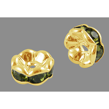 Brass Rhinestone Spacer Beads, Grade A, Wavy Edge, Golden Metal Color, Rondelle, Olivine, 8x3.8mm, Hole: 1mm
