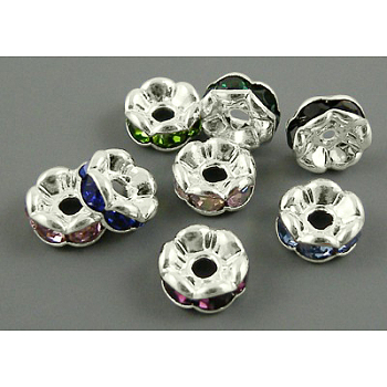 Brass Rhinestone Spacer Beads, Grade A, Wavy Edge, Silver Color Plated, Rondelle, Mixed Color, 8x3.8mm, Hole: 1mm