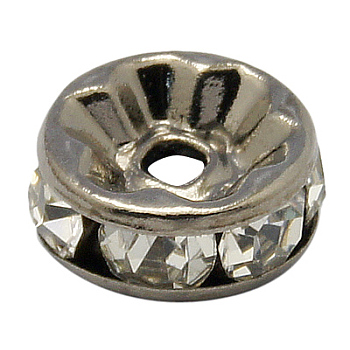 Brass Rhinestone Spacer Beads, Grade A, Straight Flange, Gunmetal, Rondelle, Crystal, 10x4mm, Hole: 2mm