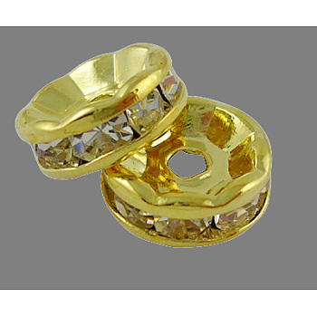 Brass Rhinestone Spacer Beads, Grade A, Straight Flange, Golden Metal Color, Rondelle, Crystal, 12x4mm, Hole: 2.5mm