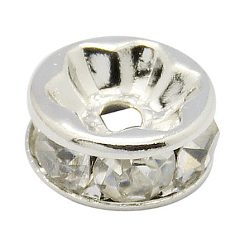 Brass Rhinestone Spacer Beads, Grade A, Straight Flange, Silver Color Plated, Rondelle, Crystal, 12x4mm, Hole: 2.5mm