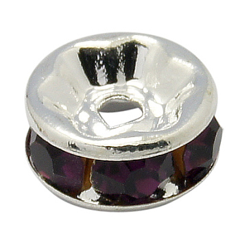 Brass Rhinestone Spacer Beads, Grade AAA, Straight Flange, Nickel Free, Silver Color Plated, Rondelle, Amethyst, 5x2.5mm, Hole: 1mm