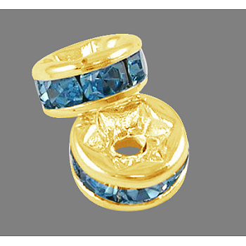 Brass Rhinestone Spacer Beads, Grade A, Straight Flange, Golden Metal Color, Rondelle, Aquamarine, 6x3mm, Hole: 1mm
