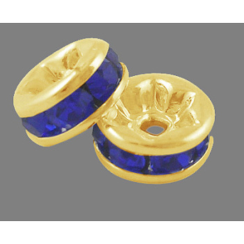 Brass Rhinestone Spacer Beads, Grade A, Straight Flange, Golden Metal Color, Rondelle, Sapphire, 6x3mm, Hole: 1mm