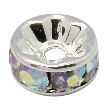 Brass Rhinestone Spacer Beads, Grade A, Straight Flange, Silver Color Plated, Rondelle, Crystal AB, 7x3.2mm, Hole: 1.2mm