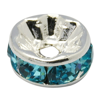Brass Rhinestone Spacer Beads, Grade A, Straight Flange, Silver Color Plated, Rondelle, Aquamarine, 8x3.8mm Hole: 1.5mm