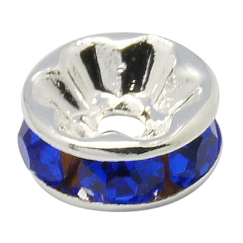 Brass Rhinestone Spacer Beads, Grade A, Straight Flange, Silver Color Plated, Rondelle, Sapphire, 8x3.8mm Hole: 1.5mm