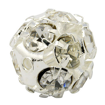 Brass Rhinestone Beads, with Iron Single Core, Grade A, Silver Color Plated, Round, Crystal, 10mm in diameter, Hole: 1mm