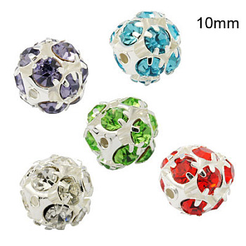 Brass Rhinestone Beads, with Iron Single Core, Grade A, Silver Color Plated, Round, Mixed Color, 10mm in diameter, Hole: 1mm