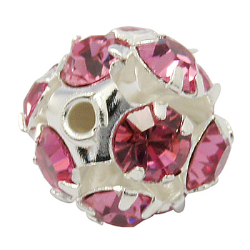 Brass Rhinestone Beads, with Iron Single Core, Grade A, Silver Color Plated, Round, Rose, 6mm in diameter, Hole: 1mm