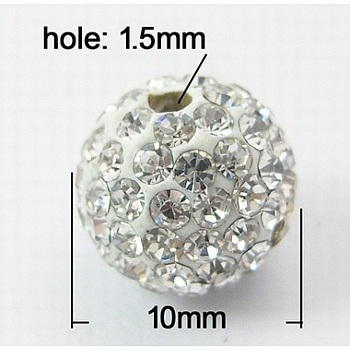 Mideast Rhinestone Beads, with Polymer Clay, Round Pave Disco Ball Beads, White, PP13(1.9~2mm), 10mm, Hole: 1.5mm