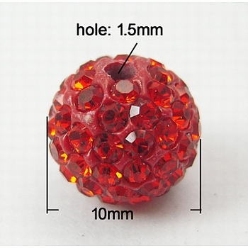 Mideast Rhinestone Beads, with Polymer Clay, Round Pave Disco Ball Beads, Red, PP13(1.9~2mm), 10mm, Hole: 1.5mm