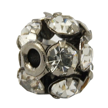 Brass Rhinestone Beads, Grade A, Round, Gunmetal, Clear, Size: about 6mm in diameter, hole: 1mm