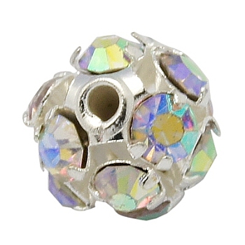 Brass Rhinestone Beads, Grade A, Round, Silver Color Plated, AB Color, Clear AB, Size: about 6mm in diameter, hole: 1mm