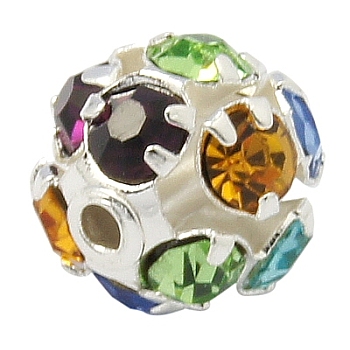 Brass Rhinestone Beads, Grade A, Round, Silver Color Plated, Colorful, Size: about 6mm in diameter, hole: 1mm