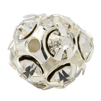Brass Rhinestone Beads, Grade A, Silver Color Plated, Clear, Size: about 8mm in diameter, hole: 1mm