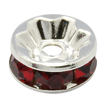 Rhinestone Spacer Beads, Copper, Grade A, Flat Round, Silver Color Plated, Dark Red, Size: about 8mm in diameter, 4mm thick, hole: 1.5mm